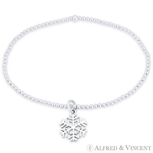 Snowflake Ice Crystal Charm & Ball Bead Stretch Bracelet in .925 Sterling Silver - Picture 1 of 1